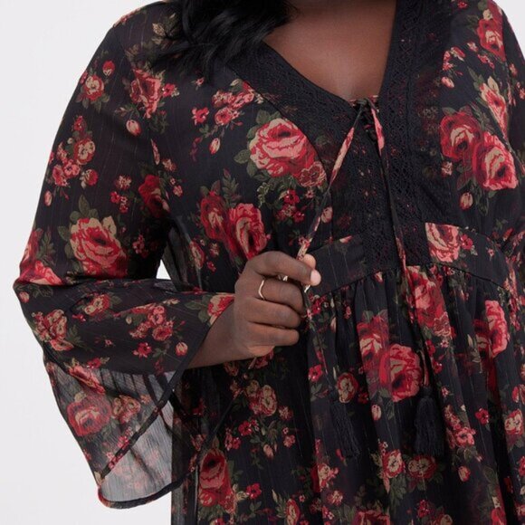 Black Torrid Chiffon Blouse Sheer Babydoll Lurex Crochet Boho Red Floral… - Picture 4 of 11